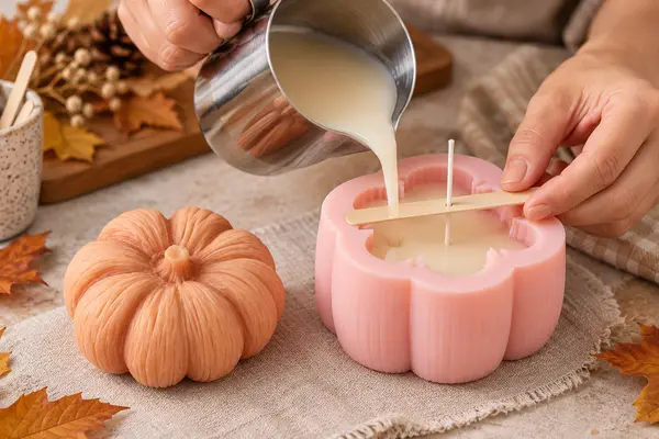 نحوه ریختن پارافین و تنظیم فتیله در قالب سیلیکونی کدو تنبل طرح یک