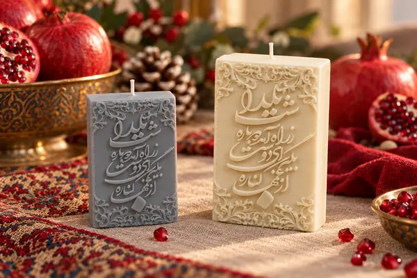 شمع های ساخته شده با قالب سیلیکونی کتیبه شب یلدا در دو سایز